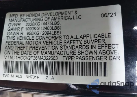 2021 Honda Accord Sport 2.0T from USA, damaged, VIN 1HGCV2F36MA022663